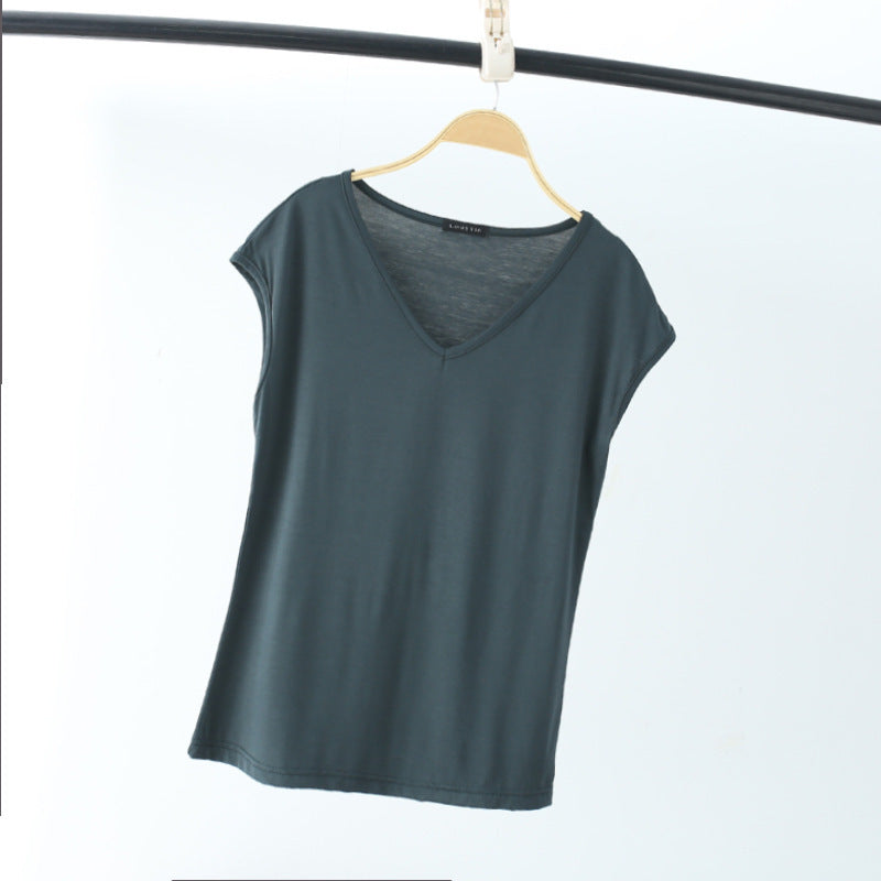 Einfarbig und V-Ausschnitt Ärmelloses lockeres Damen-T-Shirt Lässiges Bottoming Shirt Innenbekleidung Bluse