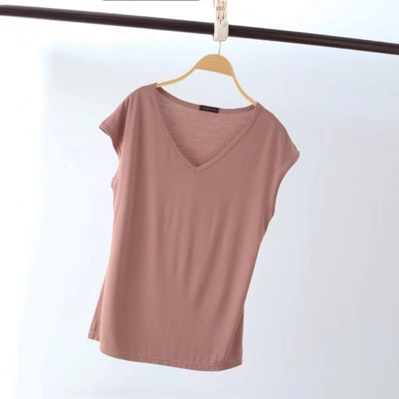 Einfarbig und V-Ausschnitt Ärmelloses lockeres Damen-T-Shirt Lässiges Bottoming Shirt Innenbekleidung Bluse