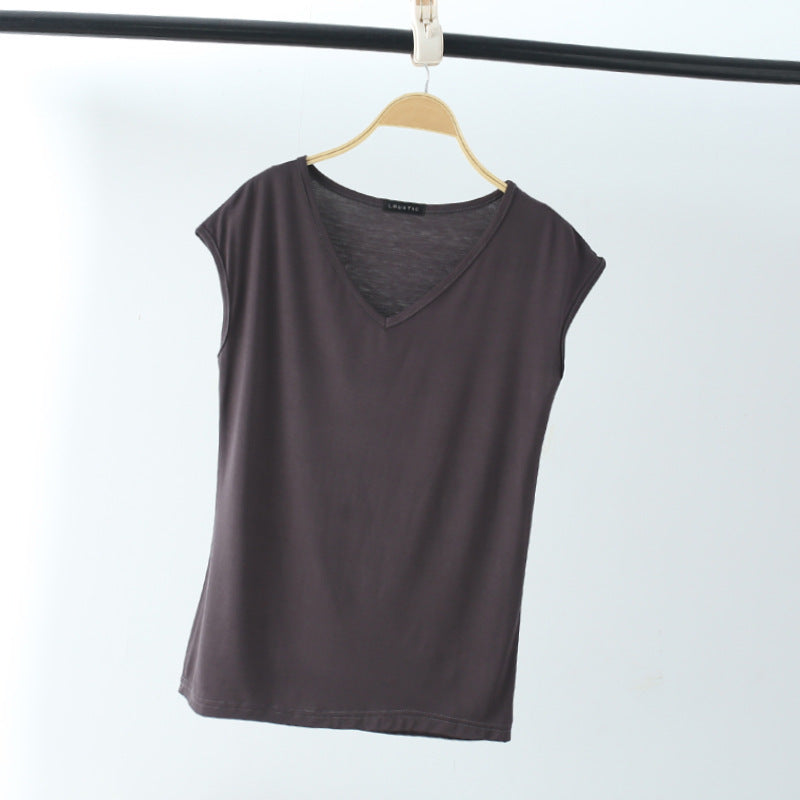 Einfarbig und V-Ausschnitt Ärmelloses lockeres Damen-T-Shirt Lässiges Bottoming Shirt Innenbekleidung Bluse