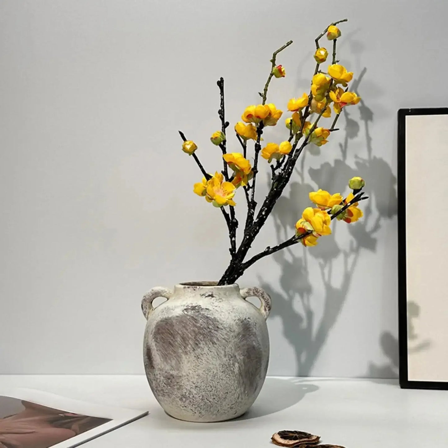 Ceramic Vase Retro Wabi Sabi Pottery Handmade Distressed Flower Vase Plant Container for Entryway Dining Room Bookshelf Rustic - Confia