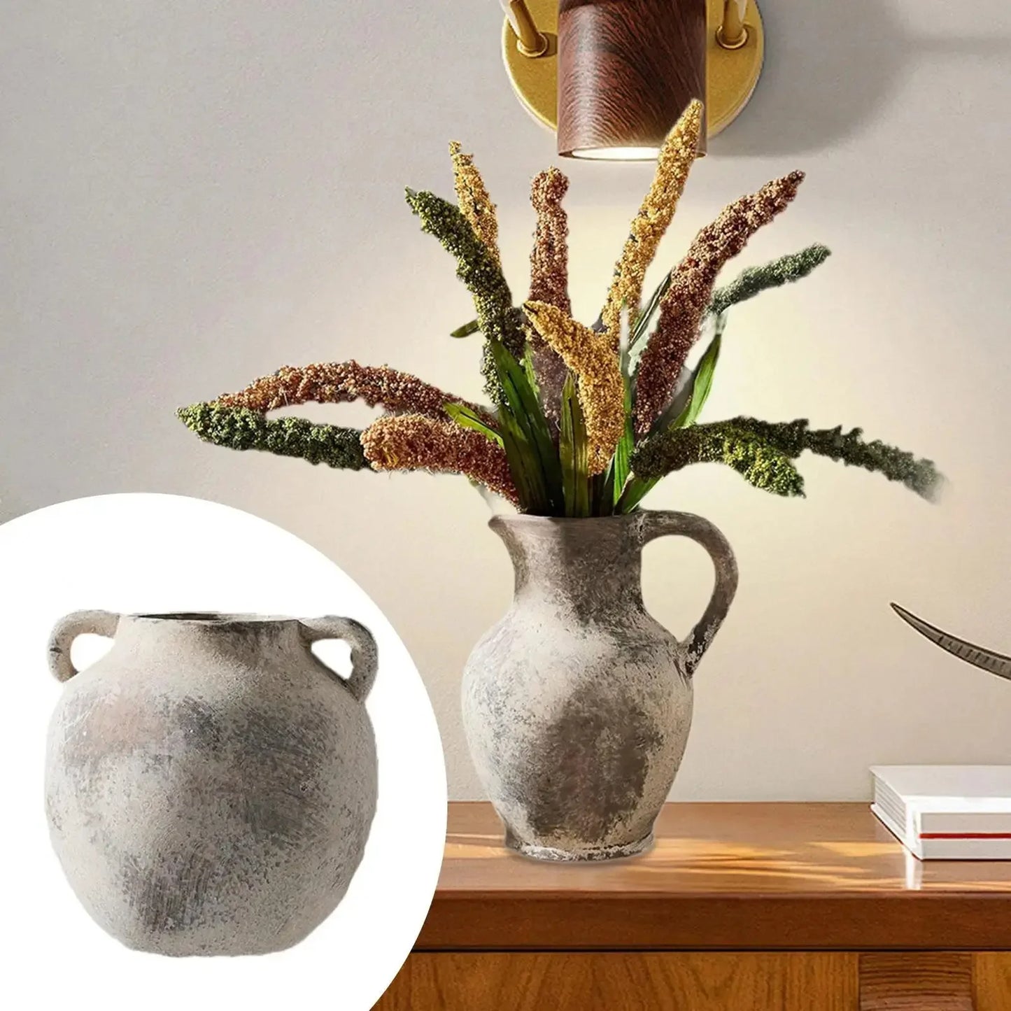 Ceramic Vase Retro Wabi Sabi Pottery Handmade Distressed Flower Vase Plant Container for Entryway Dining Room Bookshelf Rustic - Confia