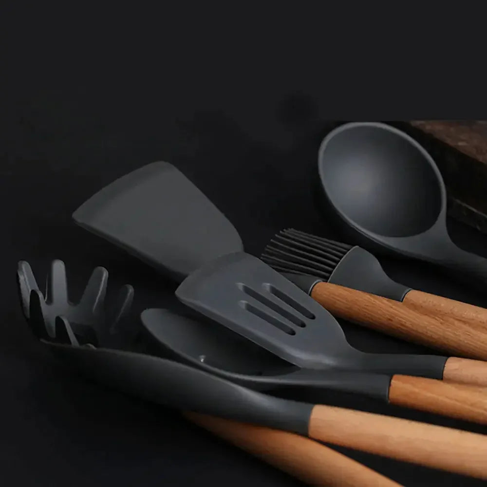 Silicone world Cooking Kitchenware Tool Silicone Utensils With Wooden Multifunction Handle Non-Stick Spatula Spoon Brush - Confia