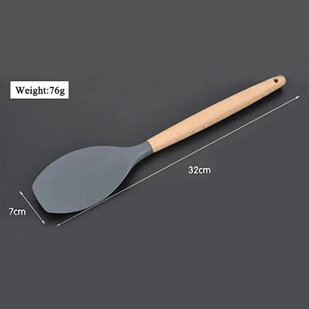 Silicone world Cooking Kitchenware Tool Silicone Utensils With Wooden Multifunction Handle Non-Stick Spatula Spoon Brush - Confia