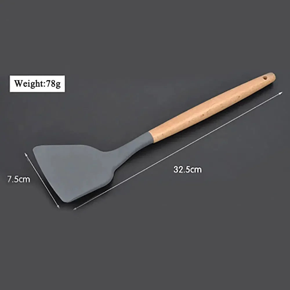 Silicone world Cooking Kitchenware Tool Silicone Utensils With Wooden Multifunction Handle Non-Stick Spatula Spoon Brush - Confia