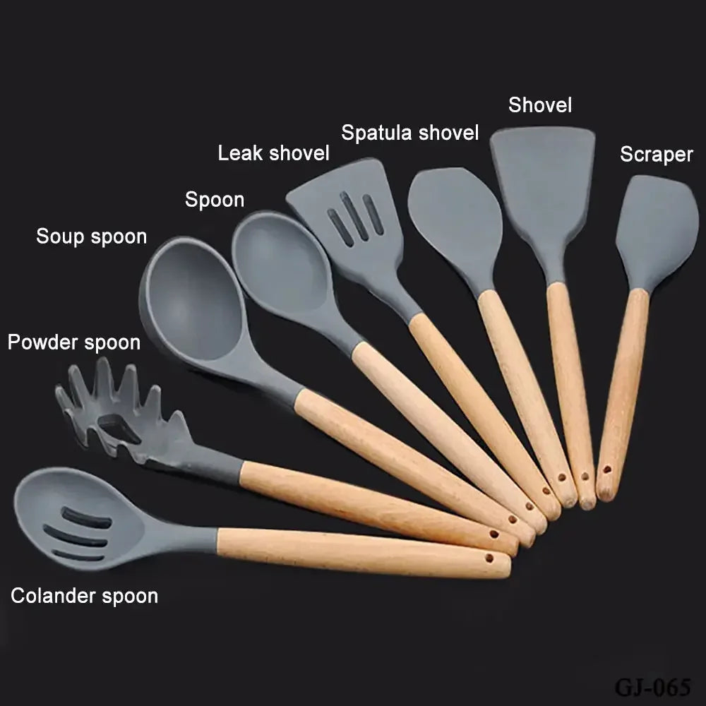 Silicone world Cooking Kitchenware Tool Silicone Utensils With Wooden Multifunction Handle Non-Stick Spatula Spoon Brush - Confia