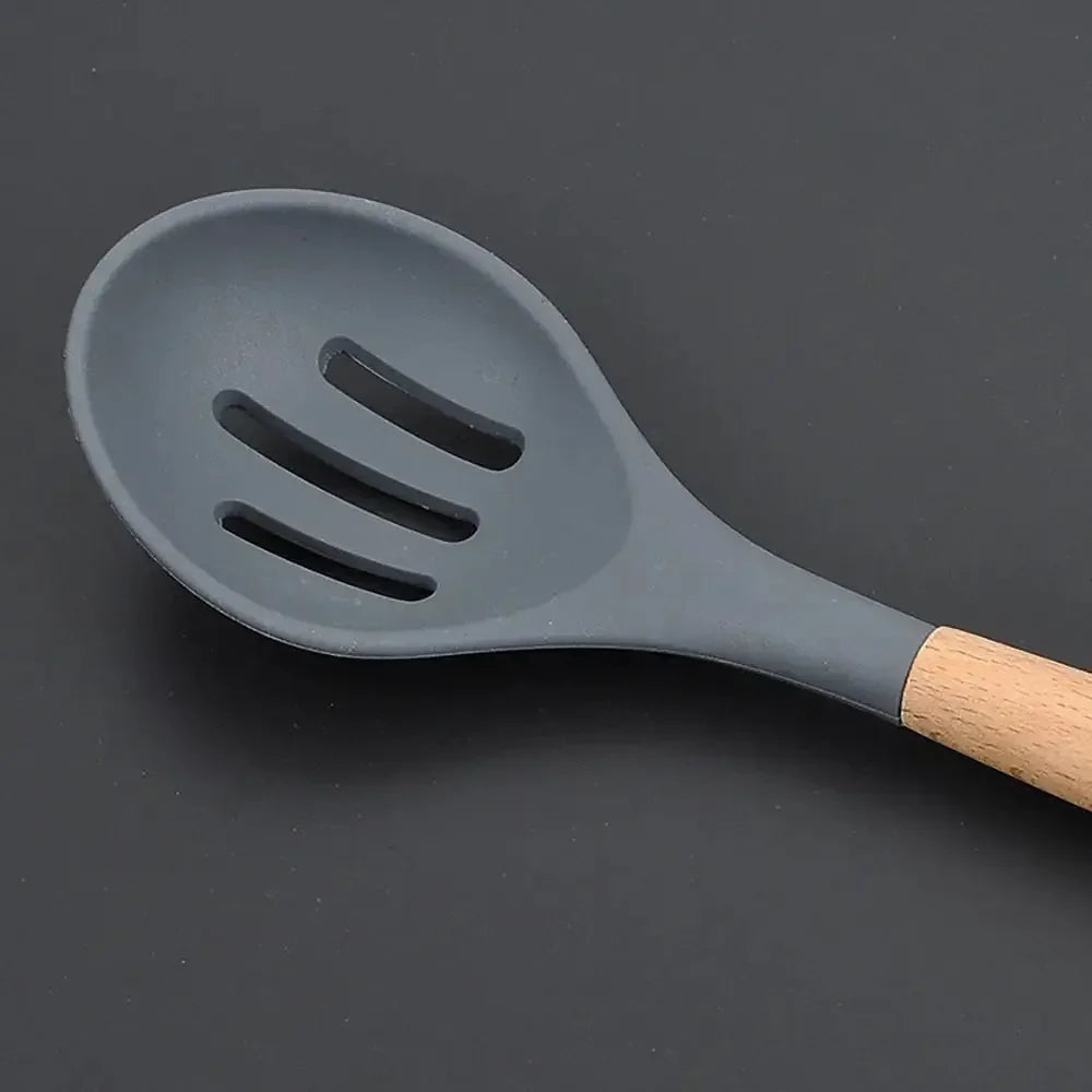 Silicone world Cooking Kitchenware Tool Silicone Utensils With Wooden Multifunction Handle Non-Stick Spatula Spoon Brush - Confia