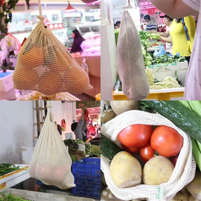 Reusable Cotton Mesh Produce Bags for Vegetable Fruit Food Kitchen Washable Grid Storage Bag Eco String bag Kitchen Organizer Confia