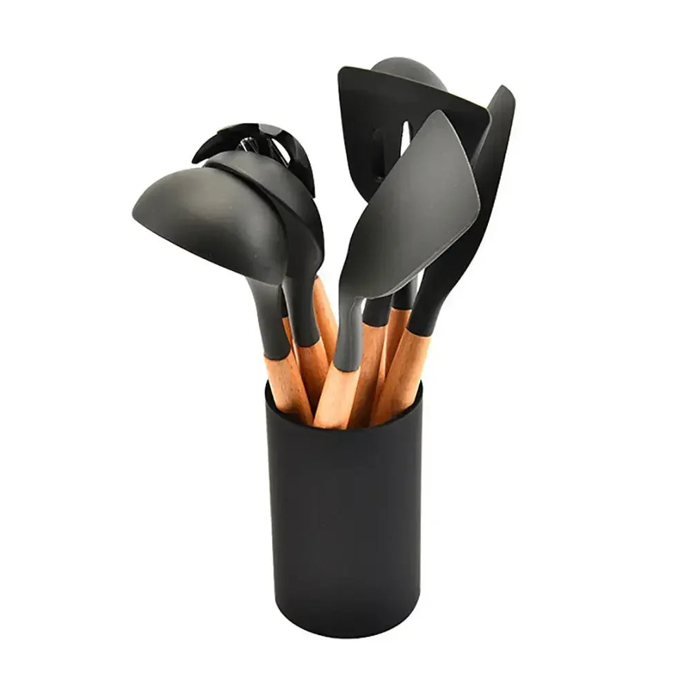 Silicone world Cooking Kitchenware Tool Silicone Utensils With Wooden Multifunction Handle Non-Stick Spatula Spoon Brush - Confia