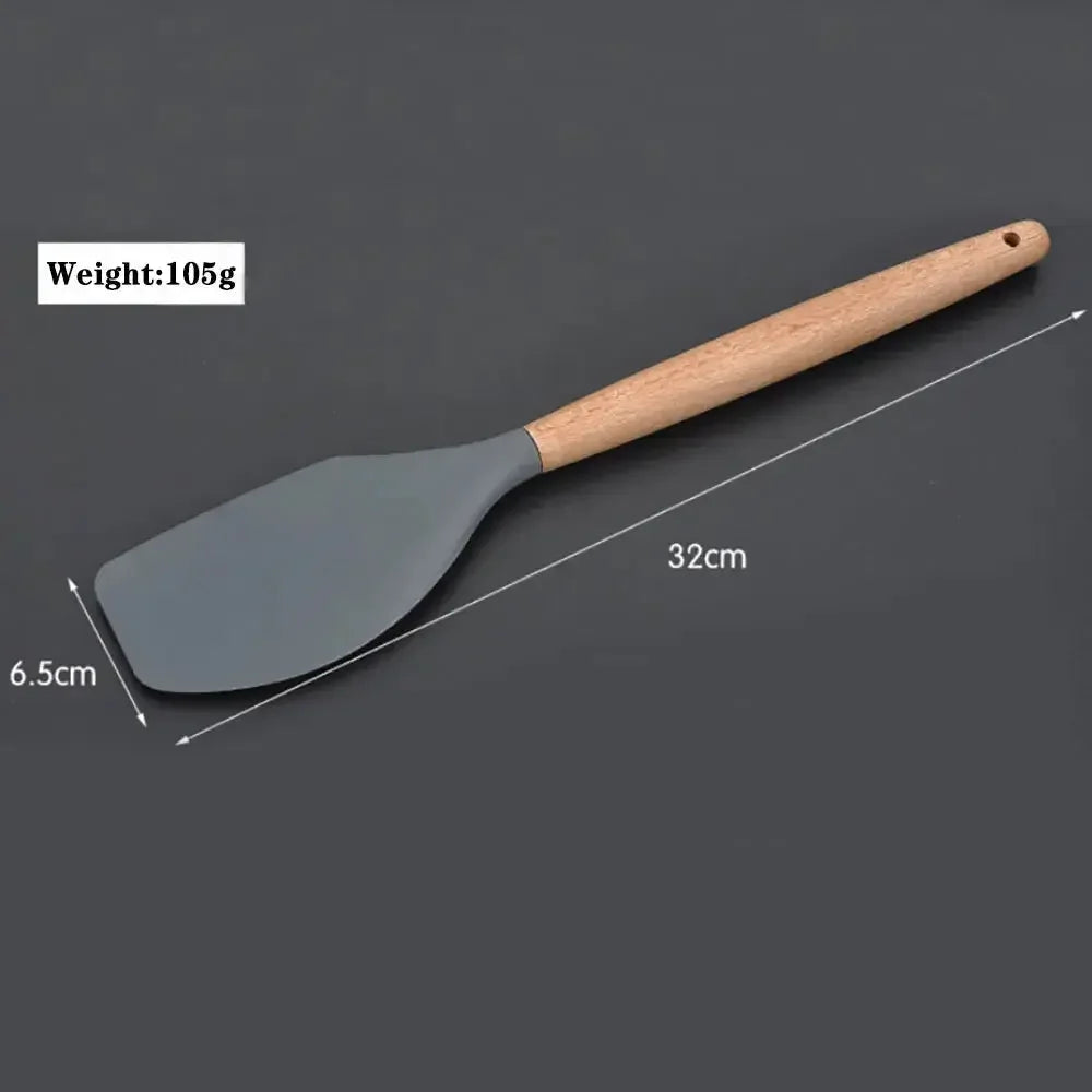 Silicone world Cooking Kitchenware Tool Silicone Utensils With Wooden Multifunction Handle Non-Stick Spatula Spoon Brush - Confia