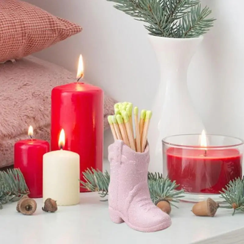 Cowboy Boot Ceramic Match Holder with Built-in Striker - Rustic Western Home Decor - Vintage Farmhouse Aesthetic-Kitchen, Bathroom, Fireplace & Candle Lighting - Unique Gift for Western Lovers (Pink)
