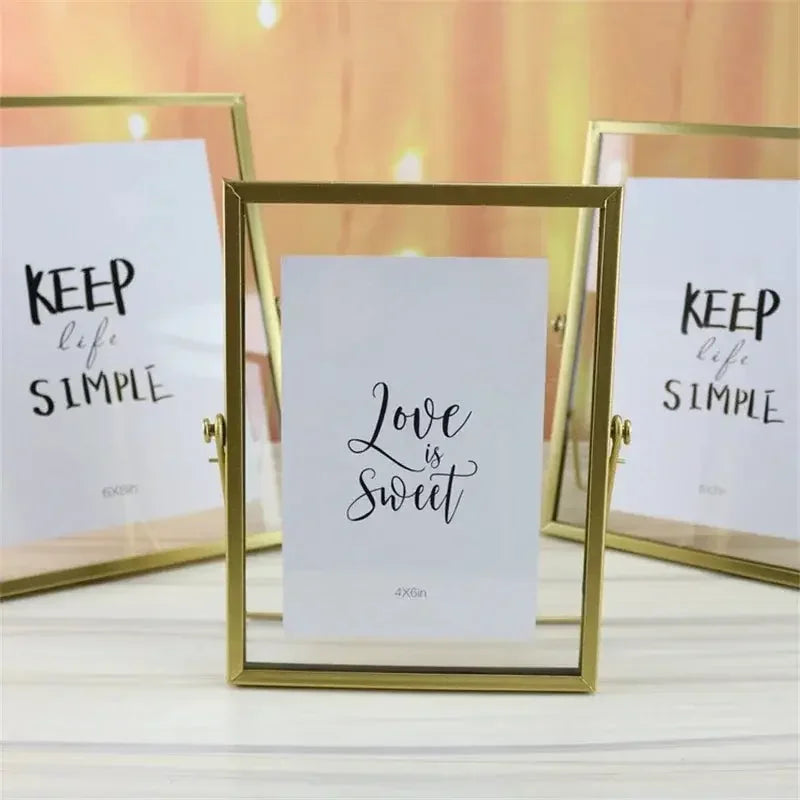 Decorative Glass Photo Frame with Gold Metal Stand, Table Brass double Glass Photo Frame for Dried, pressed Flowers, Poster, Photos, Floating Frame for Gifting 5x7 inches Tabletop, decorative - Confia