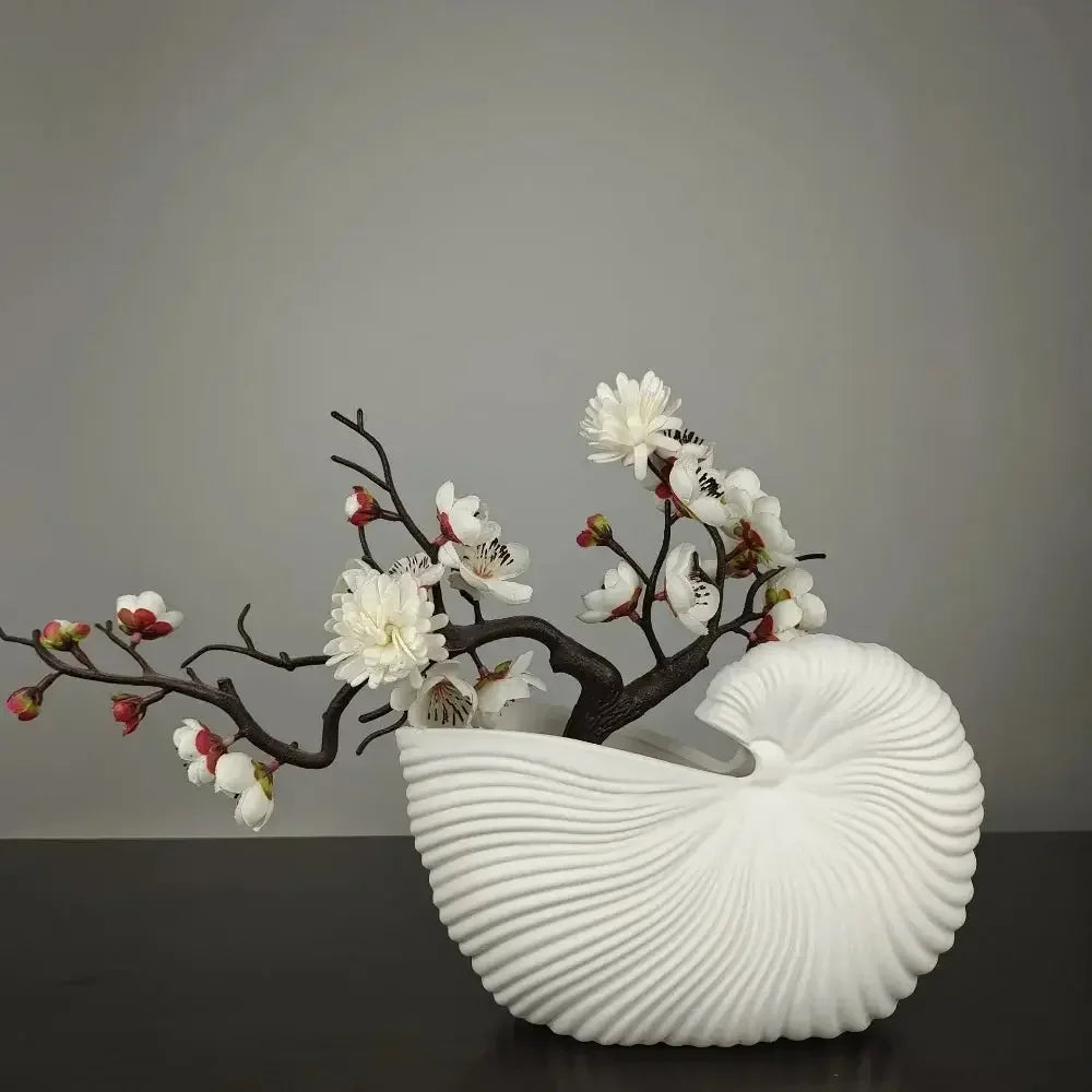 Ceramic Vase with Shell Conch Design Elegant Flower Arrangement Pot Luxury Tabletop Decor for Living Room Modern Boho Home Decor - Confia