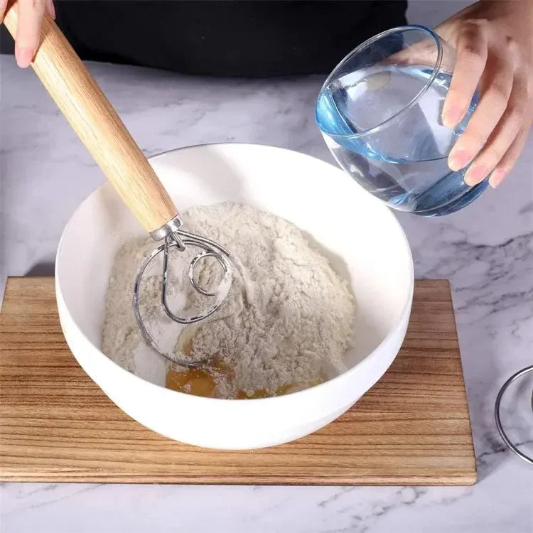 Danish Dough Whisk Stainless Steel Dutch Style Bread Dough Hand Mixer Blender Wooden Handle Kitchen Baking Tools Artesian Blender - Confia - reusablefoodstoragebags confia