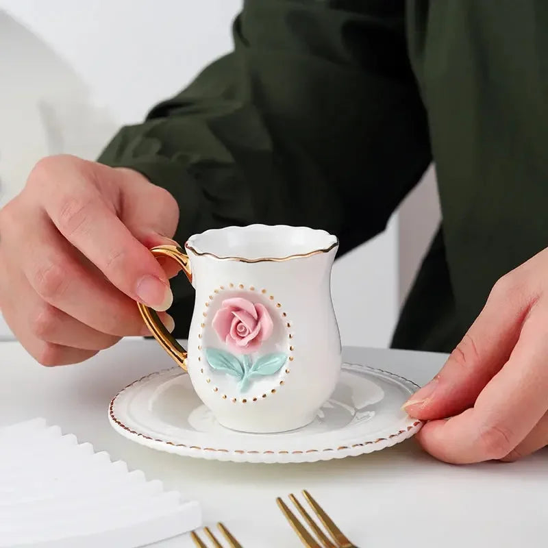 Ceramic rose cup, coffee cup plate set, handmade ceramic flower cup Gift for Women - Confia