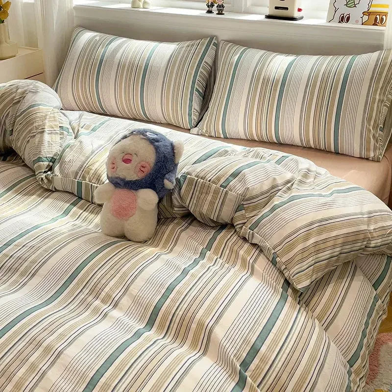 Microfiber Solid Satin Stripe Cotton AC Comforter Set King Size Double Bed with 1 Flat Bedsheet Linen Duvet Cover Set - Confia - reusablefoodstoragebags confia