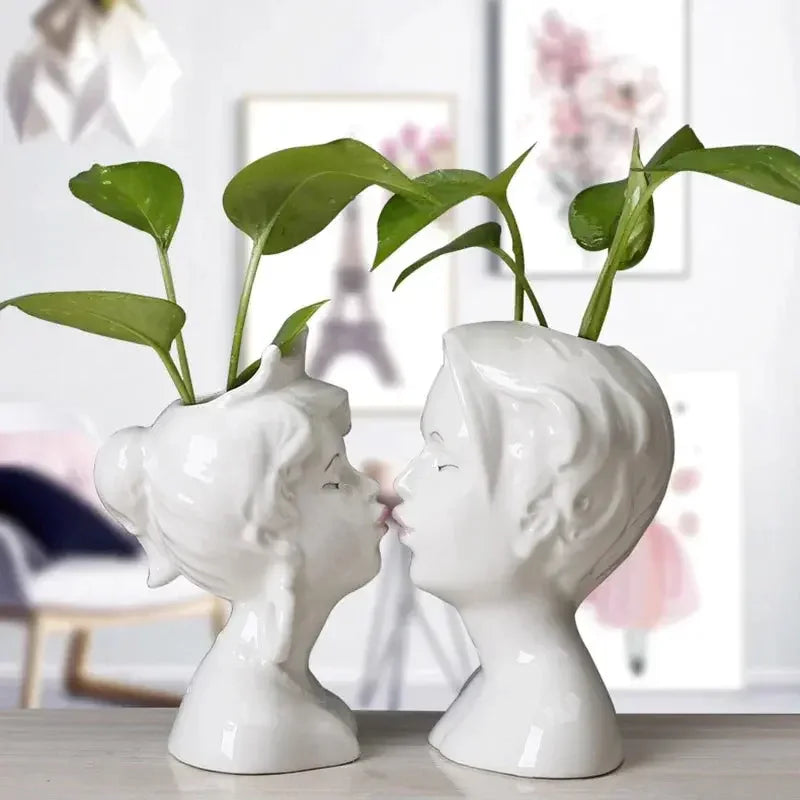 Ceramic Head Face Vase Small Lovers Kiss Statue Flower Pot White Black Modern Planter for Home Table Decoration Floral Art Gifts - Confia
