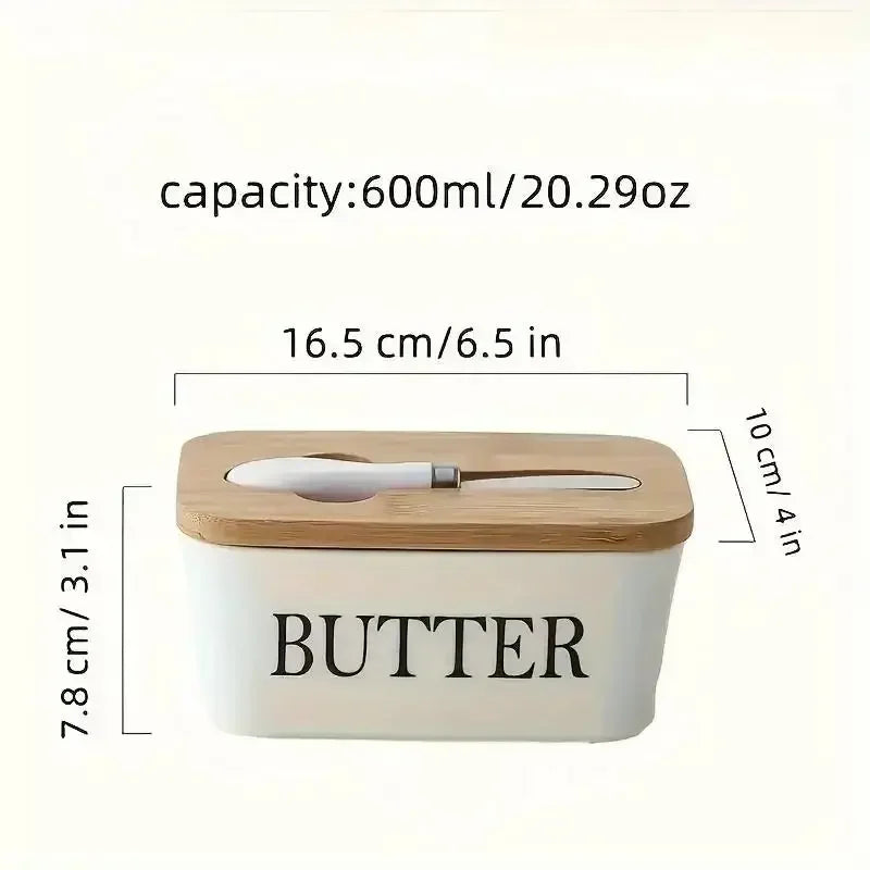 Ceramic Butter Boxes Dishes Wooden Large Butter Box Container Keeper Storage with Stainless Steel Butter Knife Spreader, Multi - Confia