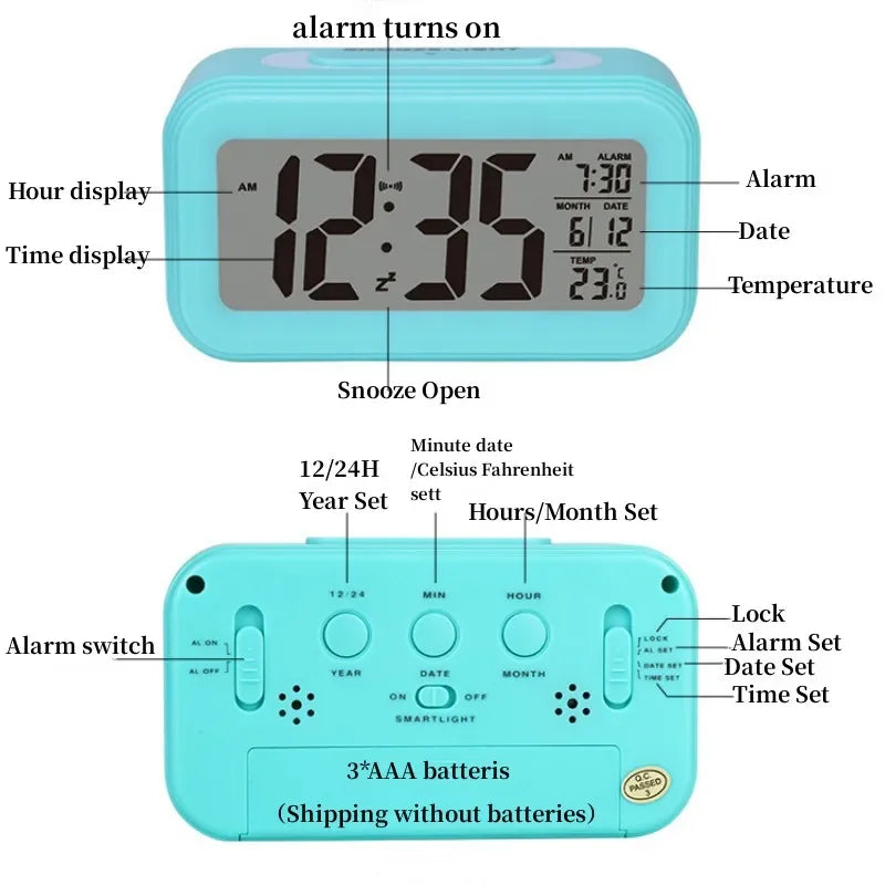Alarm Clock Desktop Digital Clock LCD Large Screen Temperature Calendar Nightlight Wake-up Student Snooze Clock 12/24H Bedrooms