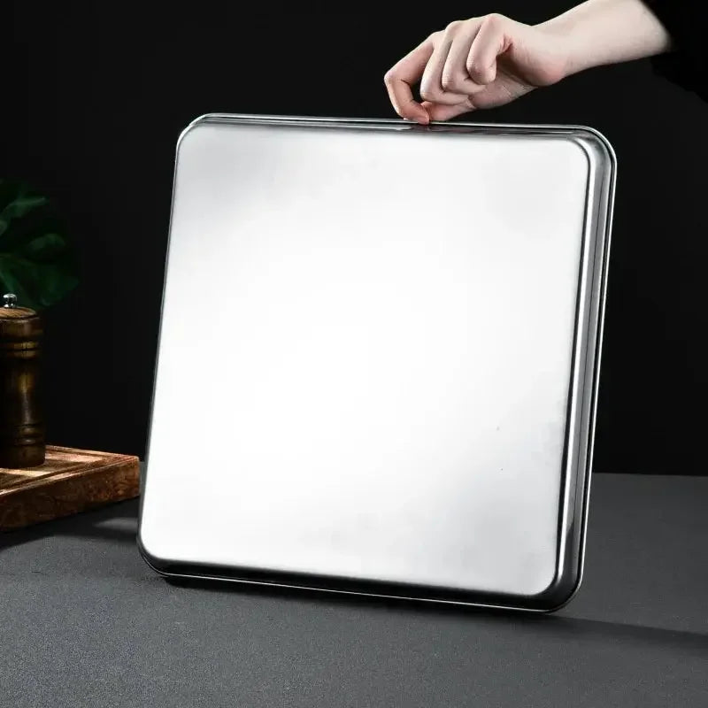 304 Flat Bottom Stainless Steel Square Tray Baking Pan Multifunctional Dessert Straight Edge Baking Tray Kitchen Storage Tools - Confia
