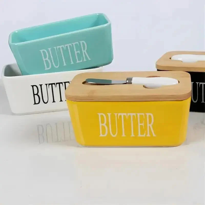 Ceramic Butter Boxes Dishes Wooden Large Butter Box Container Keeper Storage with Stainless Steel Butter Knife Spreader, Multi - Confia