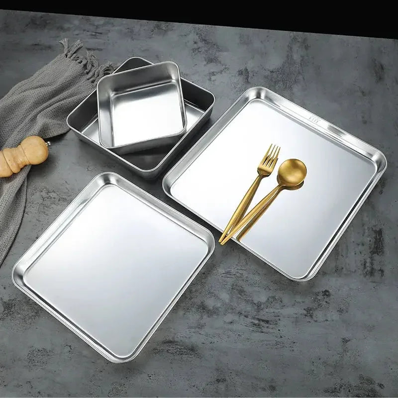304 Flat Bottom Stainless Steel Square Tray Baking Pan Multifunctional Dessert Straight Edge Baking Tray Kitchen Storage Tools - Confia