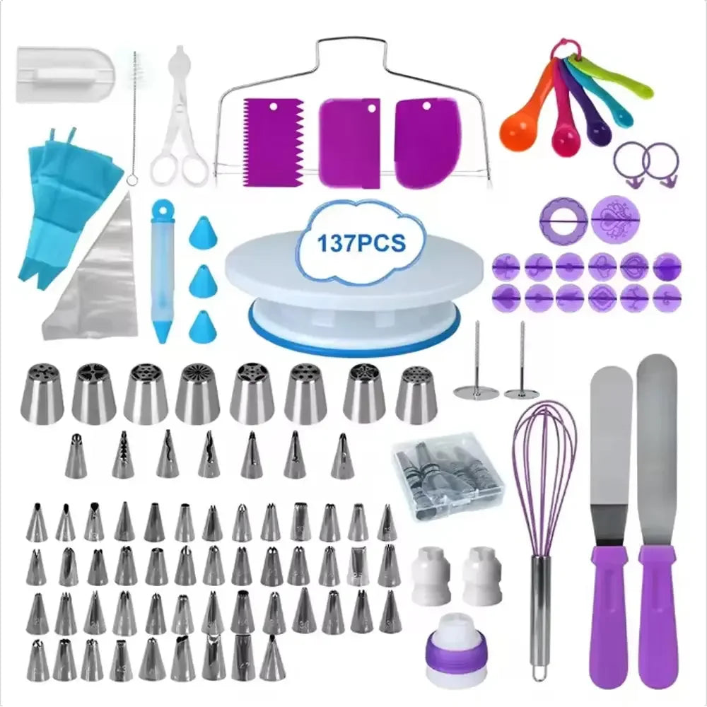 137PCS Cake Decorating Tools Kit Pastry Turntable Kit Piping Nozzle Piping Bag Set Rotating Stand Baking Tools Accessories Bak - Confia