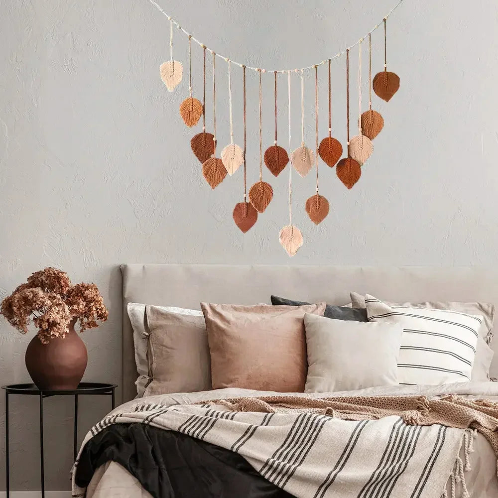 Boho Home Decoration, Macrame Tapestry Macrame Leaf Feather Wall Hanging Decor for Living Room Bedroom, Boho Wall Art Home Decor - Confia