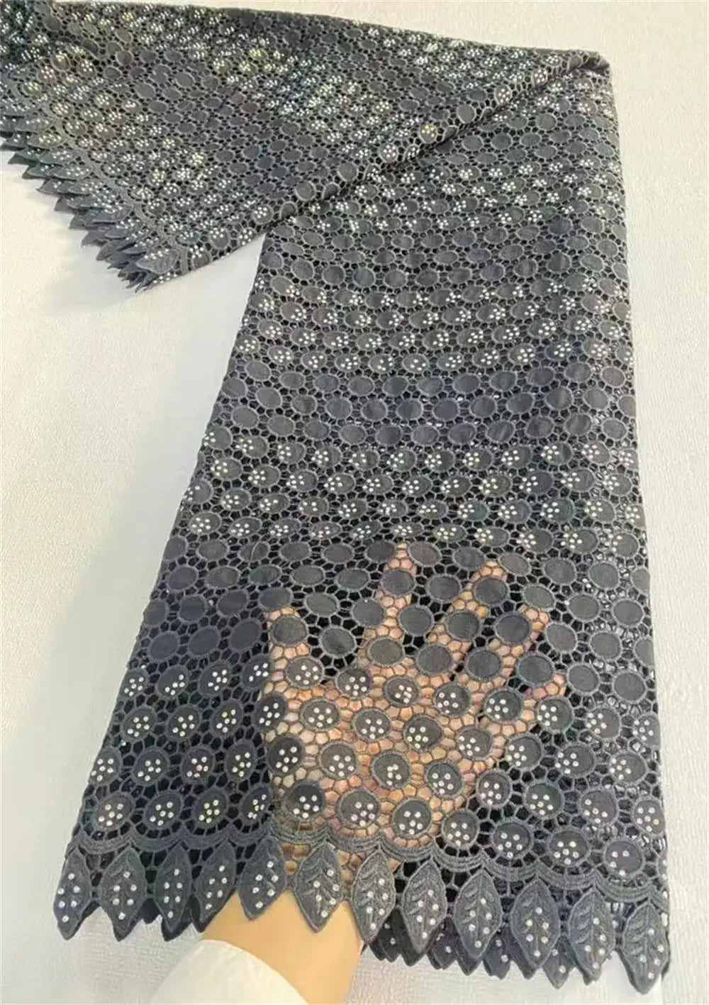 African Carbon Fiber Lace Fabric, Cotton Fabrics Materials For Embroidery, Rhinestone, Nigerian Lace Fabric ,5 Yards - Confia