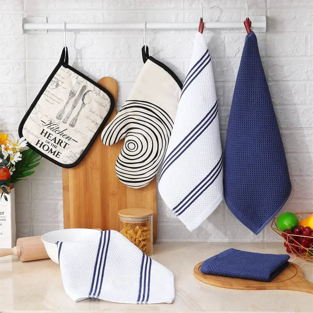 Kitinjoy 4/6pcs Cotton Towel For Kitchen Waffle Weave Stripe Kitchen Towel Absorbent Dishcloth Soft Drying Home Cleaning Cloths - Confia - reusablefoodstoragebags confia