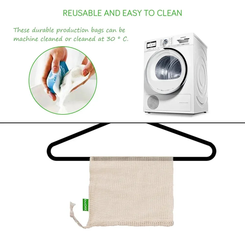 Reusable Cotton Mesh Produce Bags for Vegetable Fruit Food Kitchen Washable Grid Storage Bag Eco String bag Kitchen Organizer Confia
