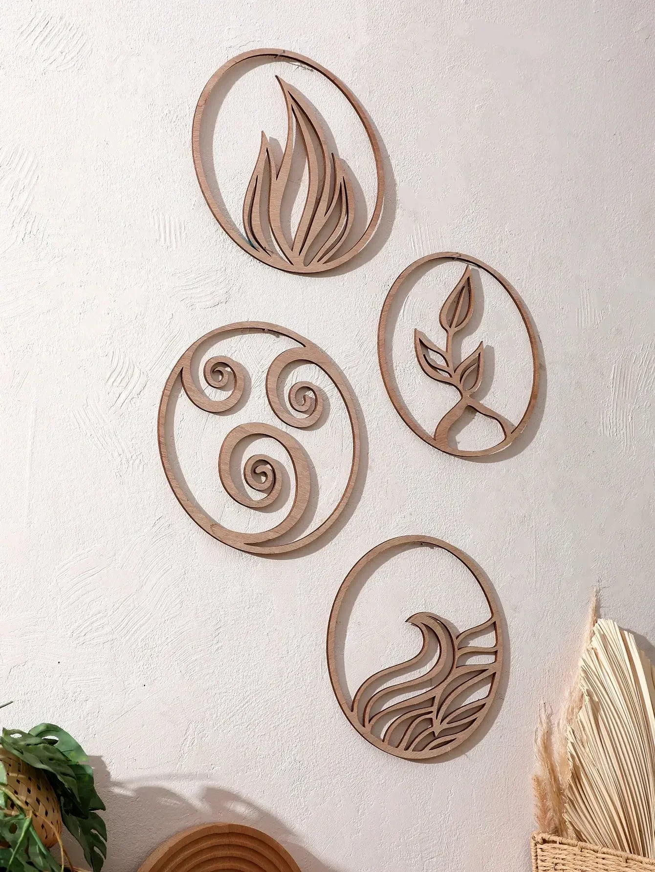 Natural Wooden Wall Hanging Wall Art Decor - Elements Design (Fire, Water, Earth, Air) Wood Hanging Wall Decor Boho Wall Accent - Confia