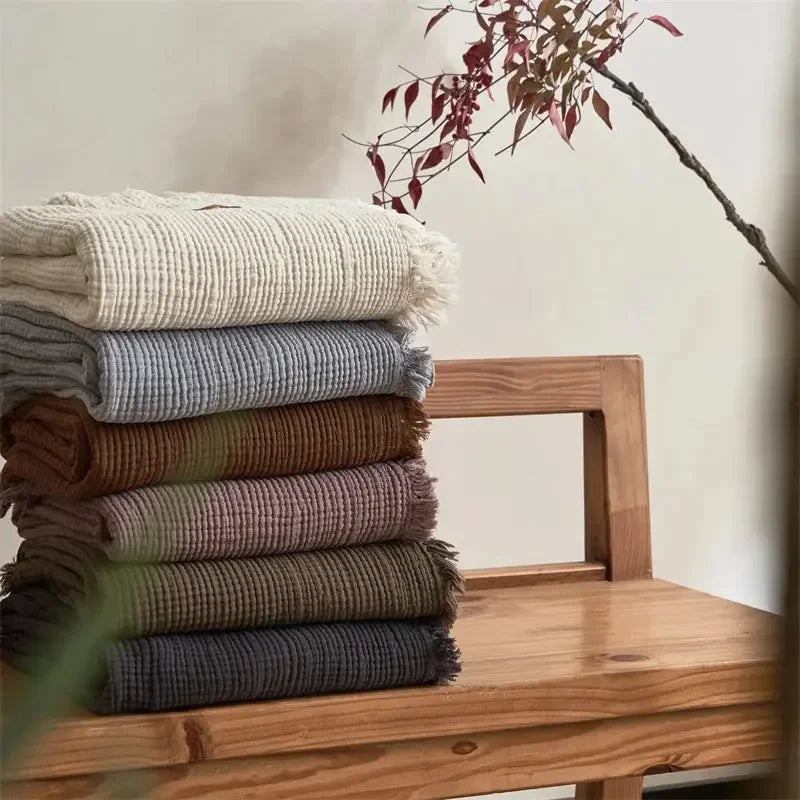 Maillard Cotton Blankets Four Layers Of Gauze Sofa Cover Blanket With Tassel AB Side - Confia - reusablefoodstoragebags confia