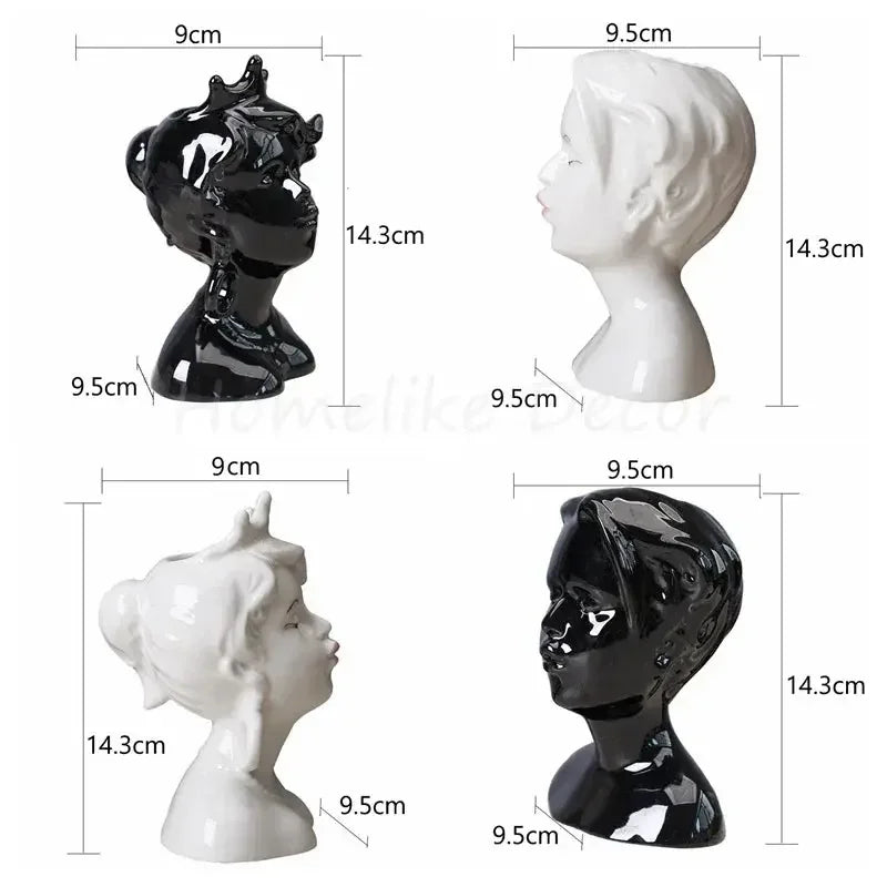 Ceramic Head Face Vase Small Lovers Kiss Statue Flower Pot White Black Modern Planter for Home Table Decoration Floral Art Gifts - Confia