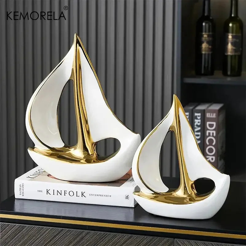 Ceramics Luxury Sailboat Sculpture Post-modern Living Room Ornaments Office Desk Accessories Decorative Boat Figurines Craft - Confia