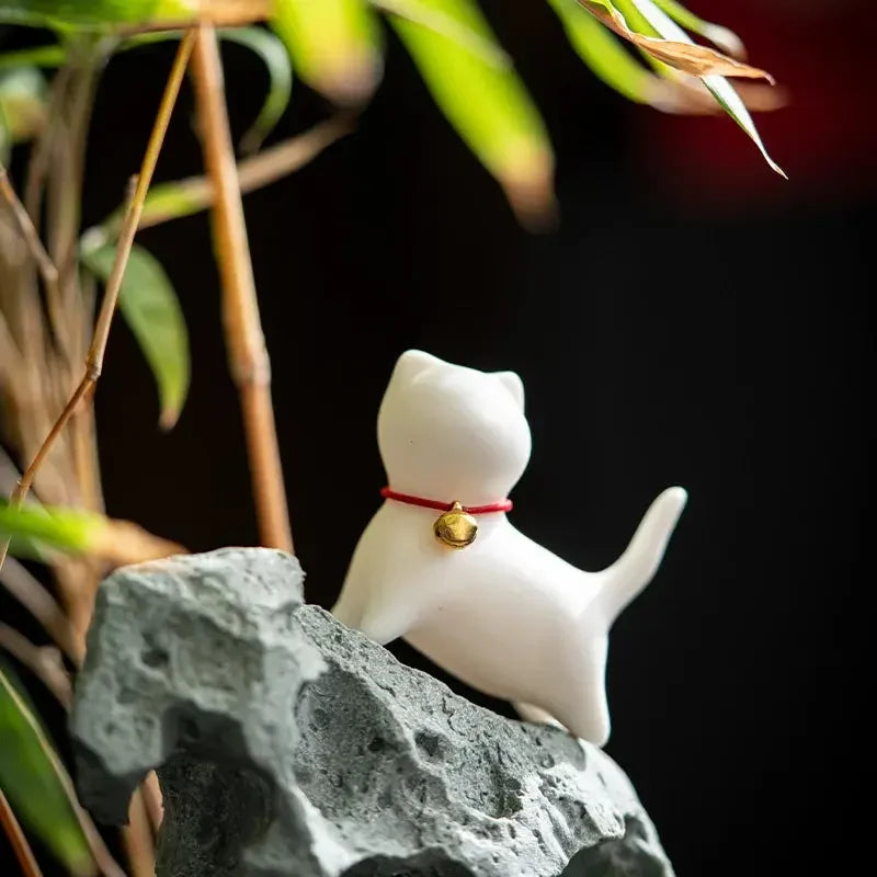 Ceramics Abstract Kawaii Cute Cat Kitten with Bell Tea Table Pet Desk Ornaments Animal Miniature Figurines Sculpture Home Decor - Confia