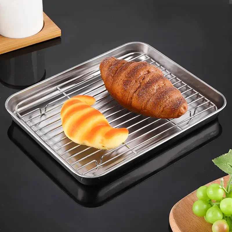 BBQ Bakeware for Baking Cooking Sheet & Rack Set, Stainless Steel Cookies Sheet Large Oven Pan Tray Cooling Grid Rack for Bread Meats, Non Stick Rectangular Deep Dish Oven - Confia