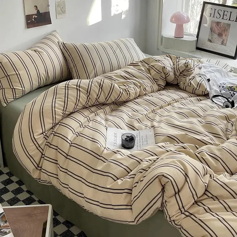 Microfiber Solid Satin Stripe Cotton AC Comforter Set King Size Double Bed with 1 Flat Bedsheet Linen Duvet Cover Set - Confia - reusablefoodstoragebags confia