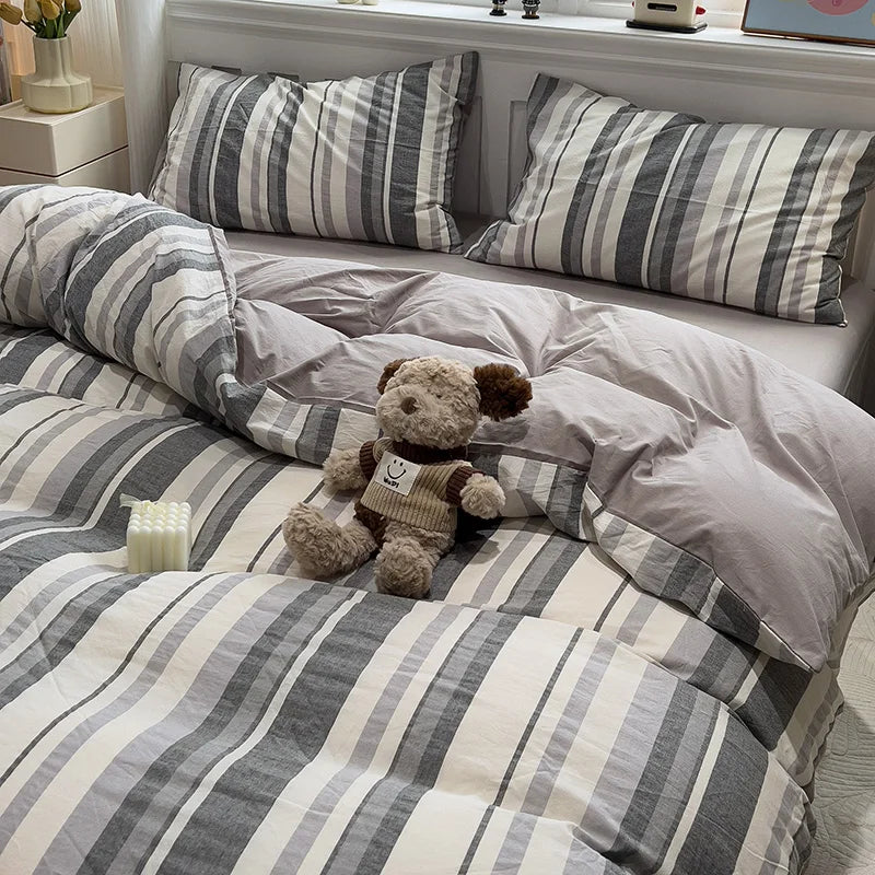 Microfiber Solid Satin Stripe Cotton AC Comforter Set King Size Double Bed with 1 Flat Bedsheet Linen Duvet Cover Set