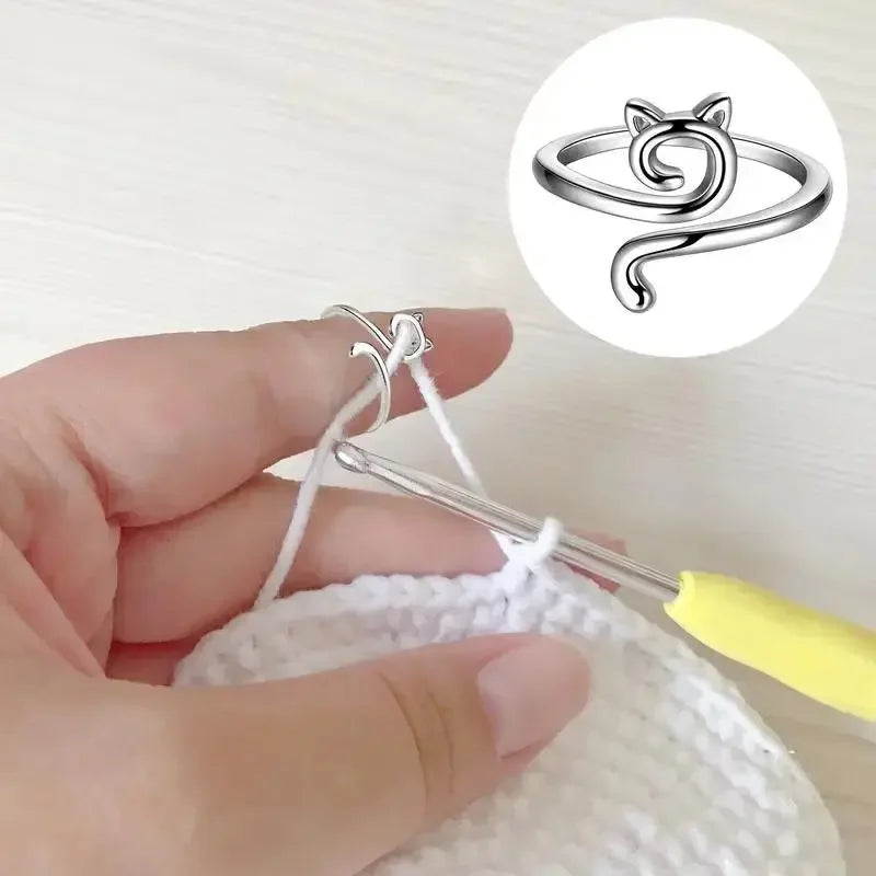 Adjustable Size Yarn Ring Cat Ears Crochet Ring Beginner Knitting Crocheting Loop Thread Wrapped Rings Tension Regulator Tool - Confia