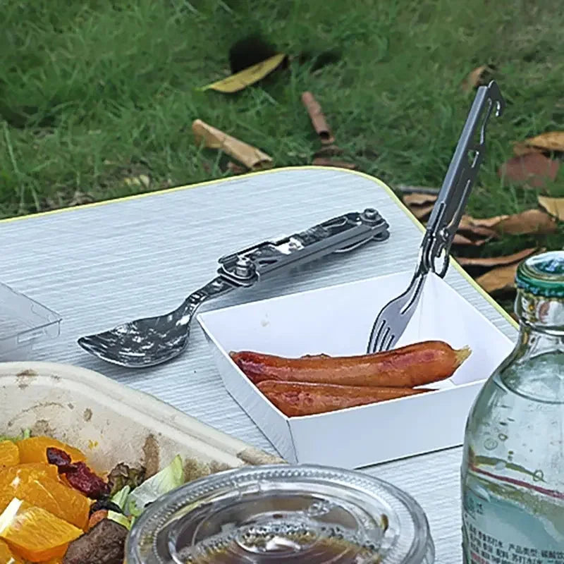 Outdoor Tableware Multi-function Portable Folding Spoon, Fork, Knife, Cork Opener and Bottle Can Opener for Travel Foldable Cutlery Camping Equipment - Confia