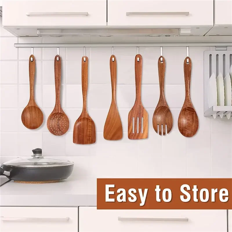 9 PCS Wooden Spoons for Cooking, Wooden Utensils for Cooking with Utensils Holder, Teak Wooden Kitchen Utensils Set - Confia