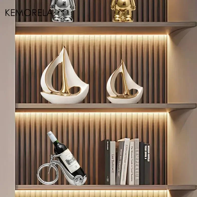 Ceramics Luxury Sailboat Sculpture Post-modern Living Room Ornaments Office Desk Accessories Decorative Boat Figurines Craft - Confia