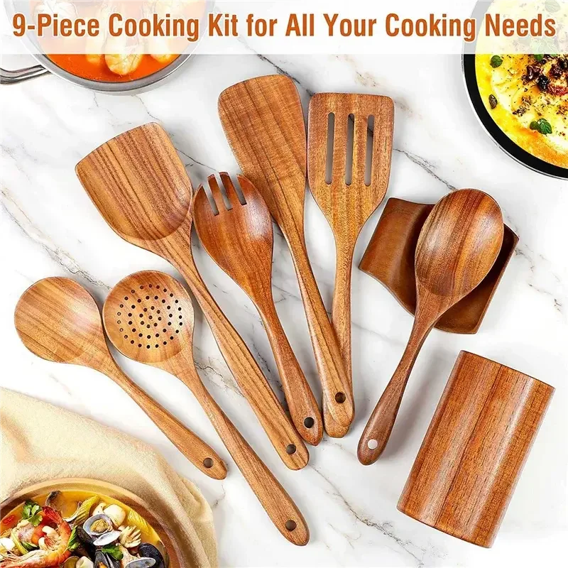 9 PCS Wooden Spoons for Cooking, Wooden Utensils for Cooking with Utensils Holder, Teak Wooden Kitchen Utensils Set - Confia
