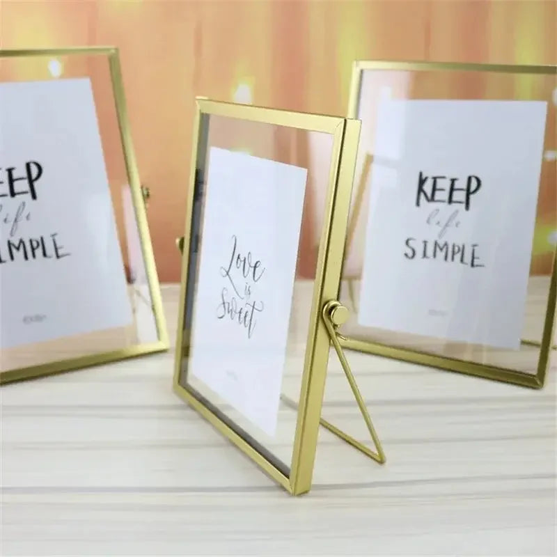 Decorative Glass Photo Frame with Gold Metal Stand, Table Brass double Glass Photo Frame for Dried, pressed Flowers, Poster, Photos, Floating Frame for Gifting 5x7 inches Tabletop, decorative - Confia