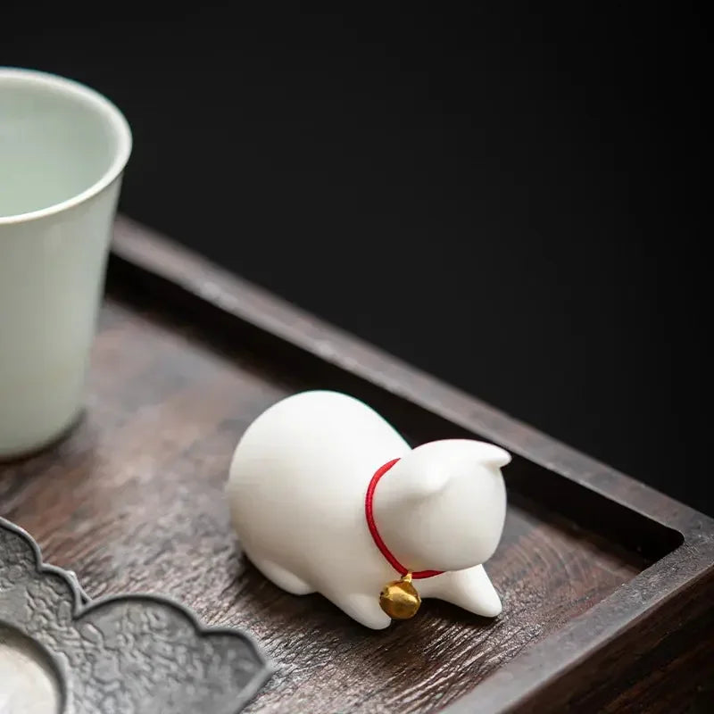 Ceramics Abstract Kawaii Cute Cat Kitten with Bell Tea Table Pet Desk Ornaments Animal Miniature Figurines Sculpture Home Decor - Confia