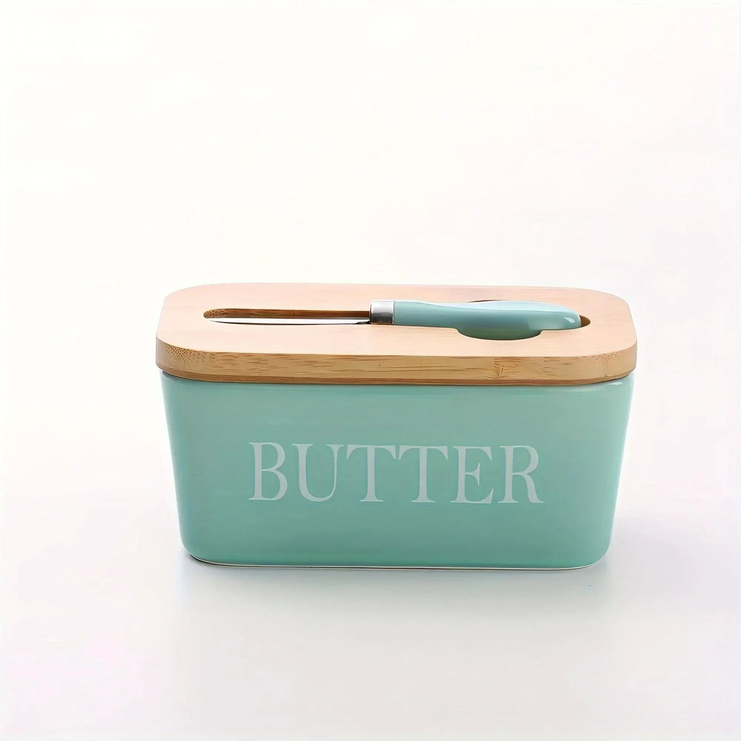 Ceramic Butter Boxes Dishes Wooden Large Butter Box Container Keeper Storage with Stainless Steel Butter Knife Spreader, Multi - Confia