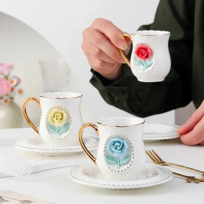 Ceramic rose cup, coffee cup plate set, handmade ceramic flower cup Gift for Women - Confia