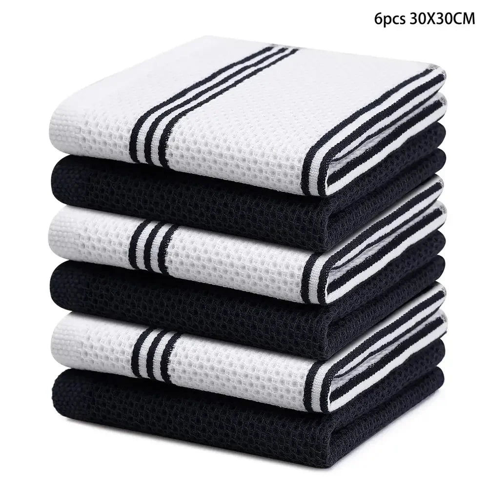 Kitinjoy 4/6pcs Cotton Towel For Kitchen Waffle Weave Stripe Kitchen Towel Absorbent Dishcloth Soft Drying Home Cleaning Cloths - Confia - reusablefoodstoragebags confia