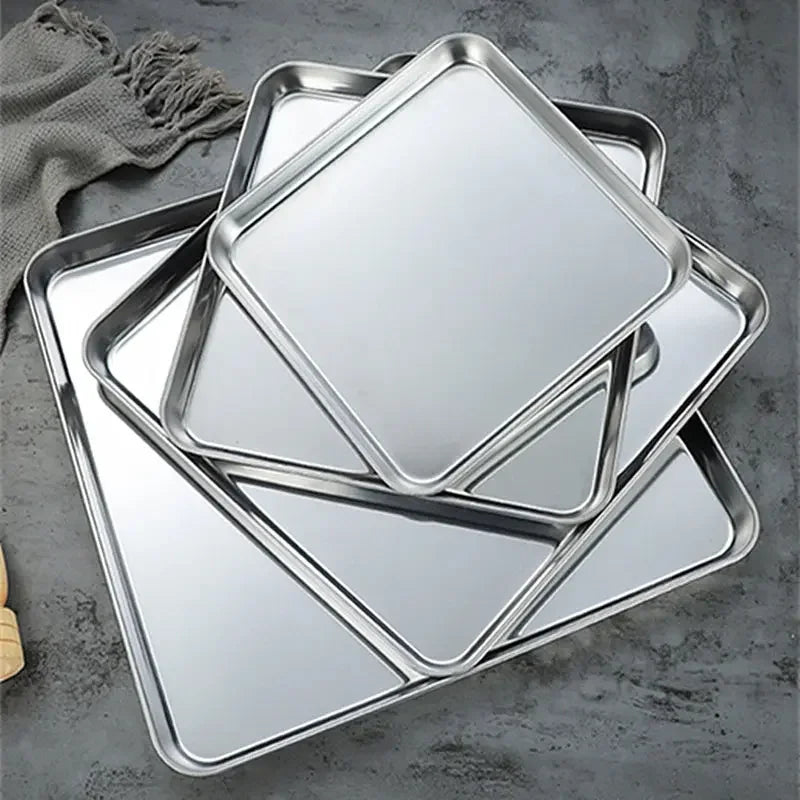 304 Flat Bottom Stainless Steel Square Tray Baking Pan Multifunctional Dessert Straight Edge Baking Tray Kitchen Storage Tools - Confia