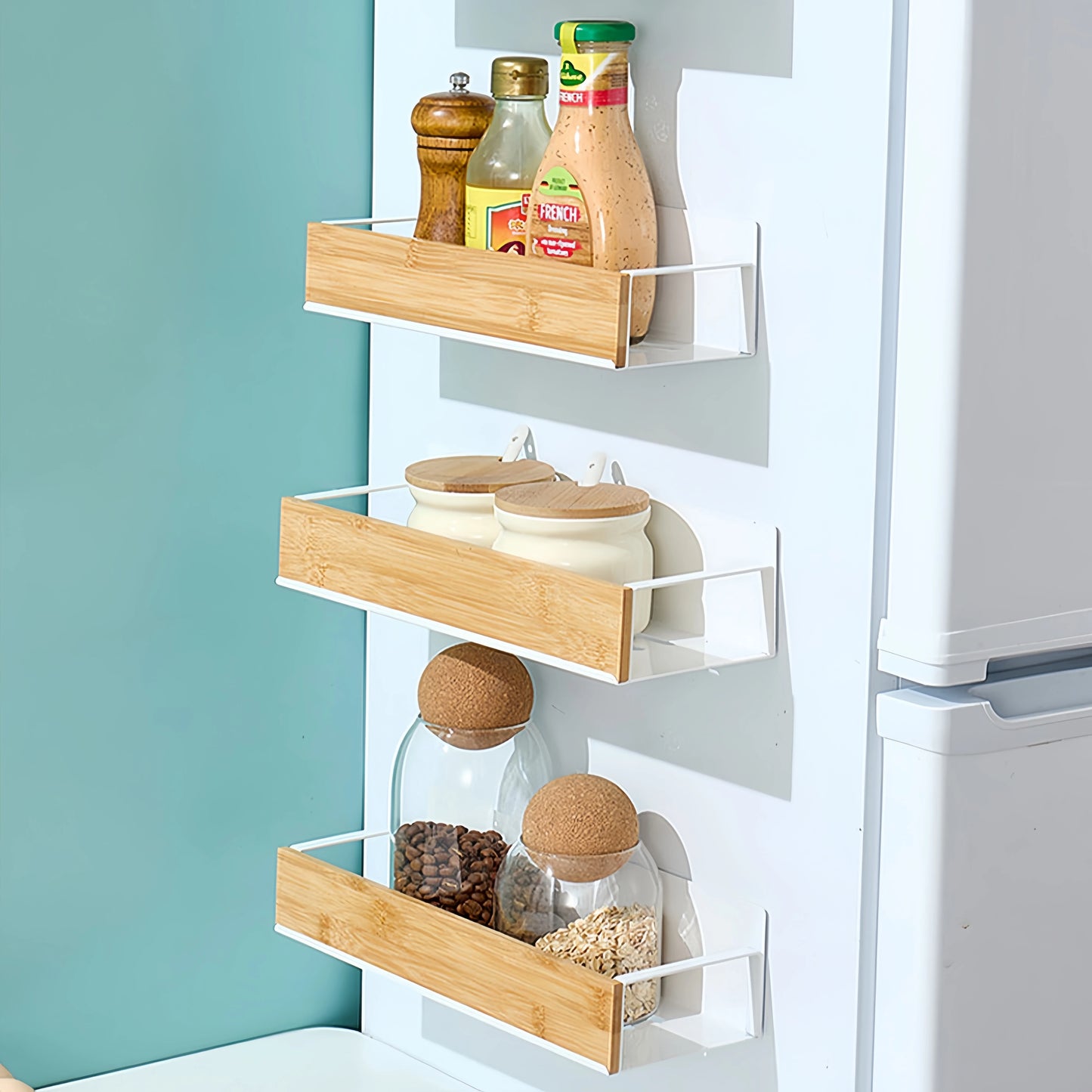 4 Pack Magnetic Spice Storage Rack Organizer for Refrigerator and Oven, Wood Fridge Organizers and Storage